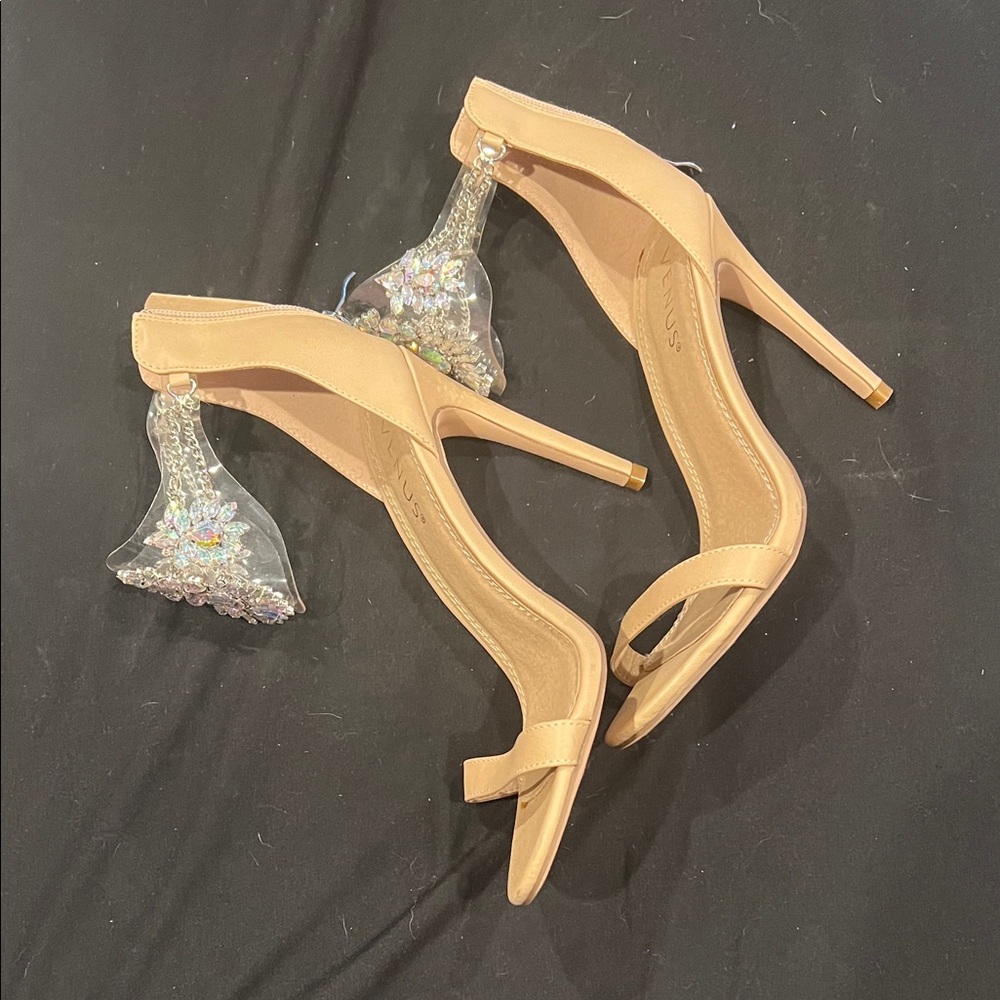 VENUS Tan Heels with Crystal Accents